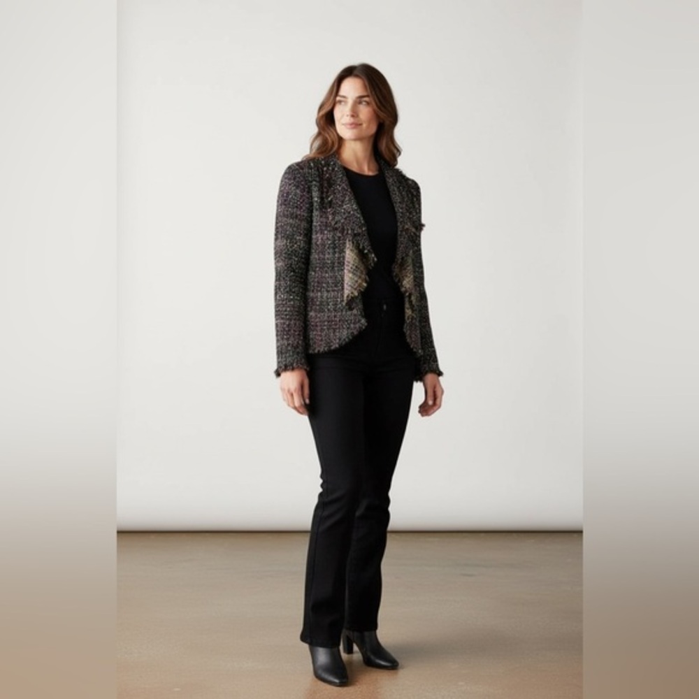 Lafayette 148 Black Colorful Confetti Tweed Flyaway Open Silk Jacket Blazer